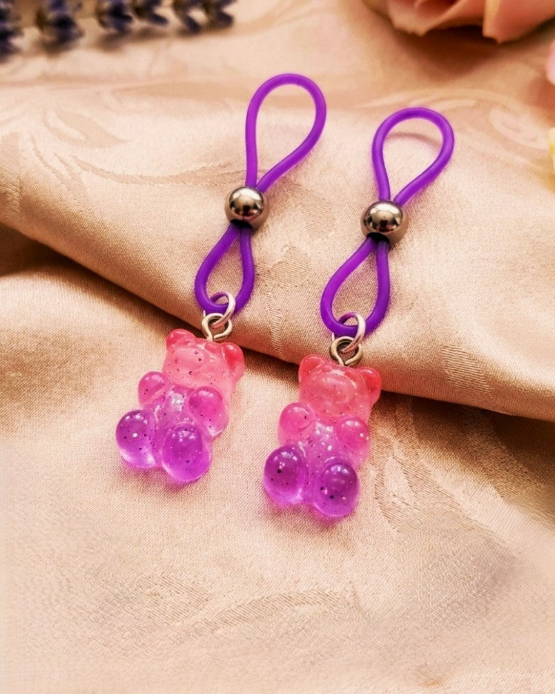 Glitter Gummy Bear Nipple Noose, Non-Pierced Fake Nipple Rings BDSM Lingerie Jewelry