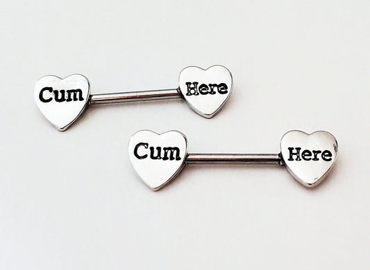 'Cum Here' Pierced Nipple Barbells 14G Sexy Nipple Rings Jewelry