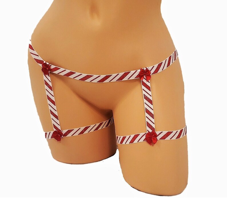 Candy Cane Christmas Cage Leg Garter Belt Holiday Lingerie