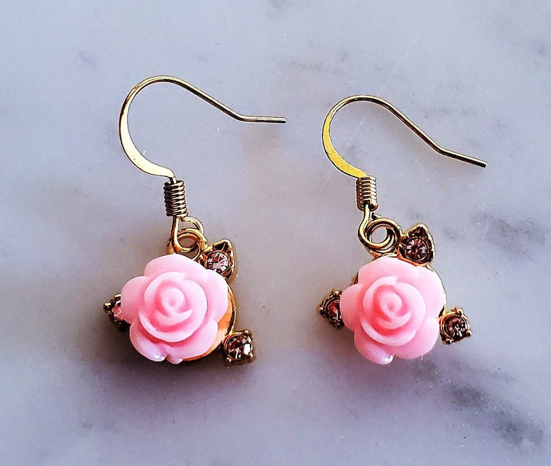 Pink and Gold Rose Dangle Drop Fishhook Earrings