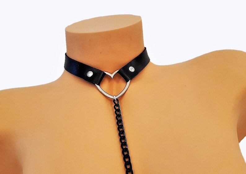 PU Leather Collar Necklace To Nipples Choker, Non-Piercing Nipple Chain