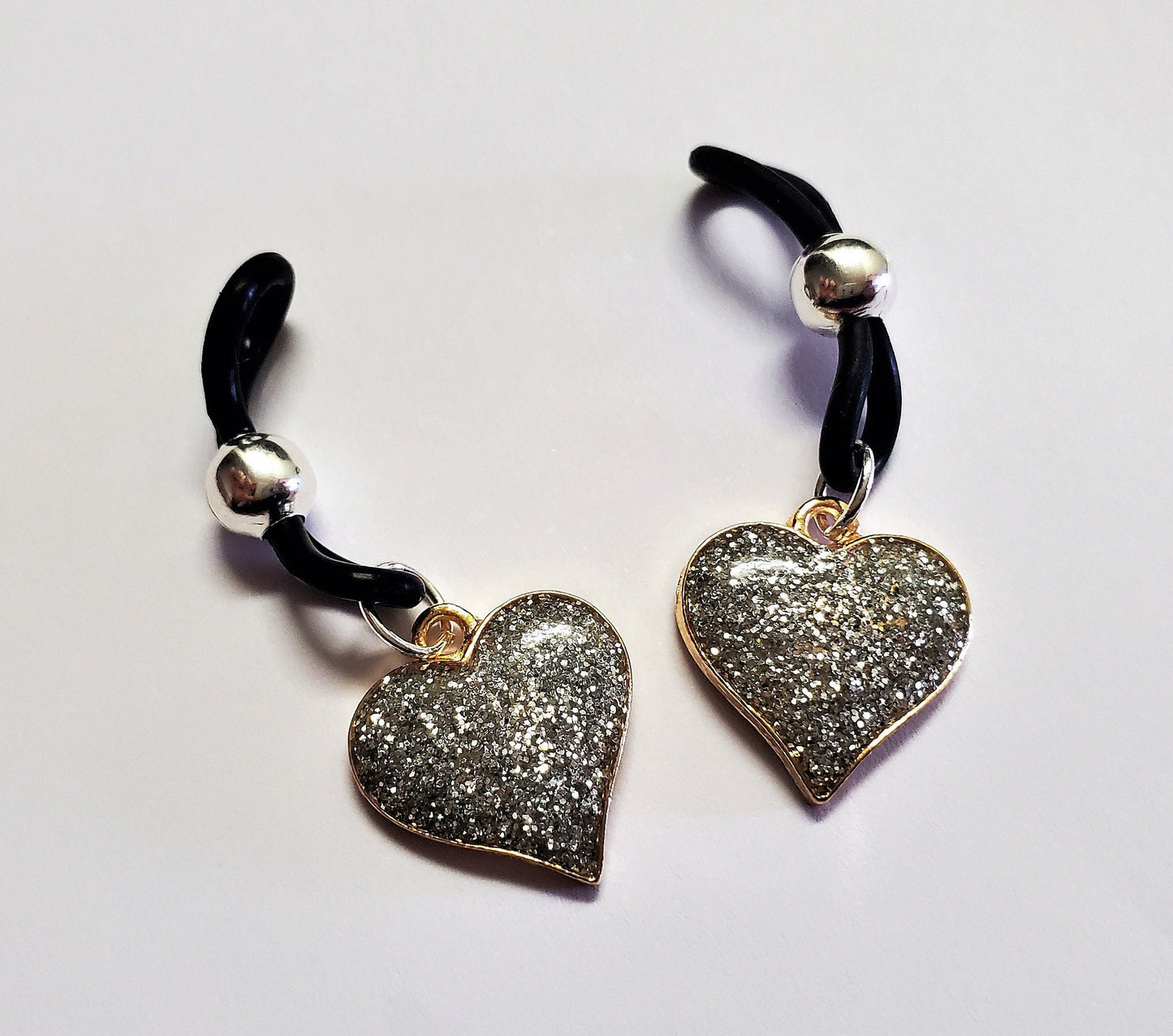 Glitter Heart Nipple Noose, Fake Nipple Rings, BDSM Nipple Jewelry