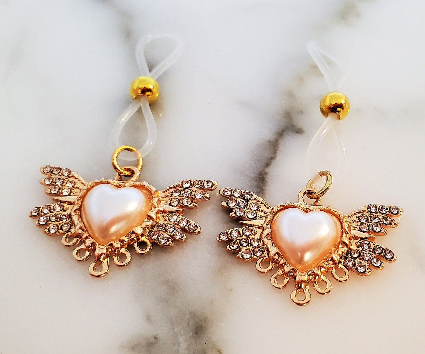 Non-Pierced Nipple Noose, Fake Pearl Heart Angel Wing Nipple Rings