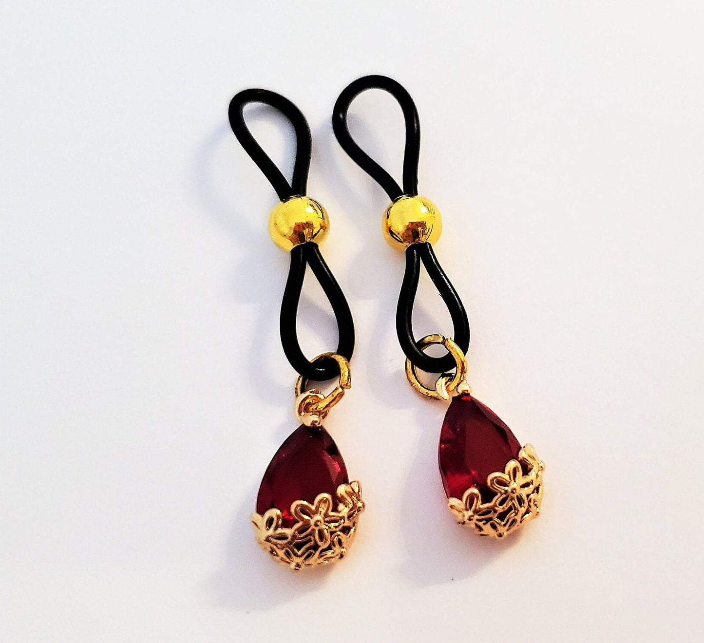 Red Crystal Non-Pierced Nipple Noose, Fake Nipple Ring Jewelry