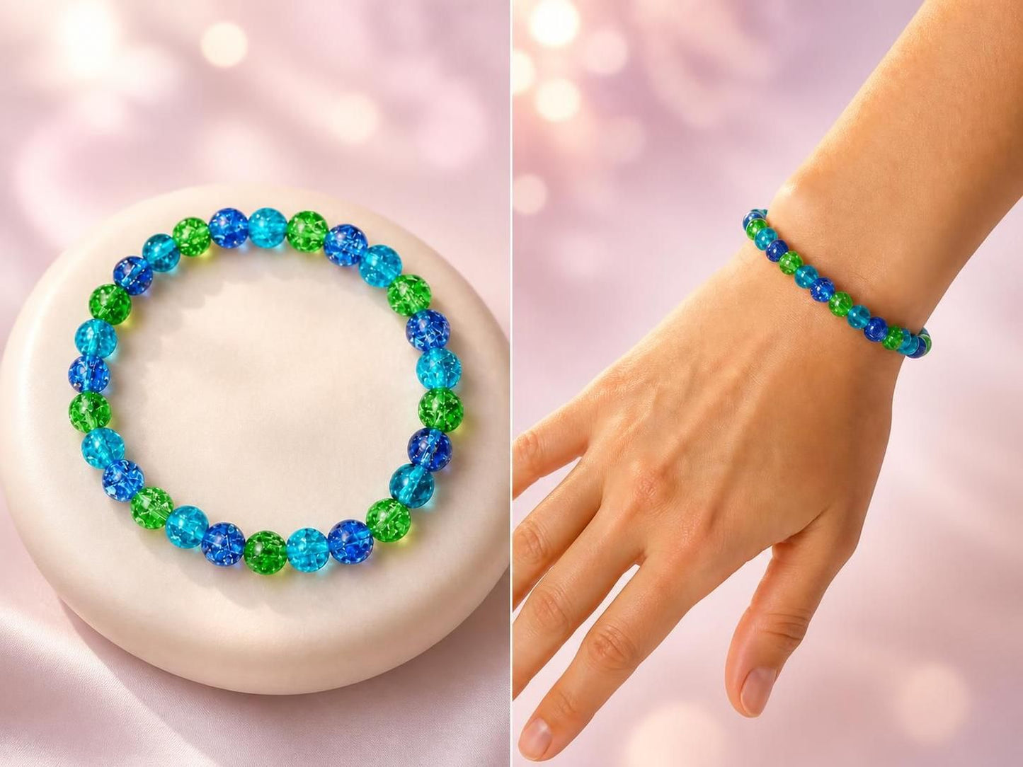 Blue and Green Glass Stretch Bracelet, Women's Jewlelry Gift