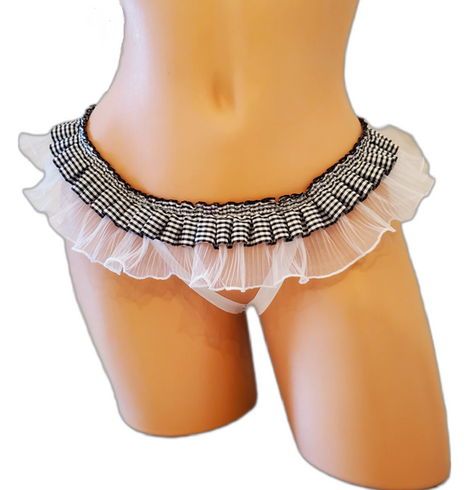 Gingham Crotchless Thong Panties, Ruffle Open Crotch BDSM Lingerie for Women