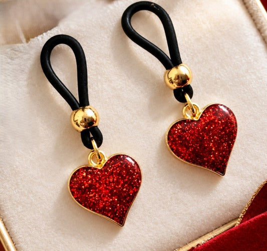Glitter Heart Nipple Noose, Fake Nipple Rings, BDSM Nipple Jewelry