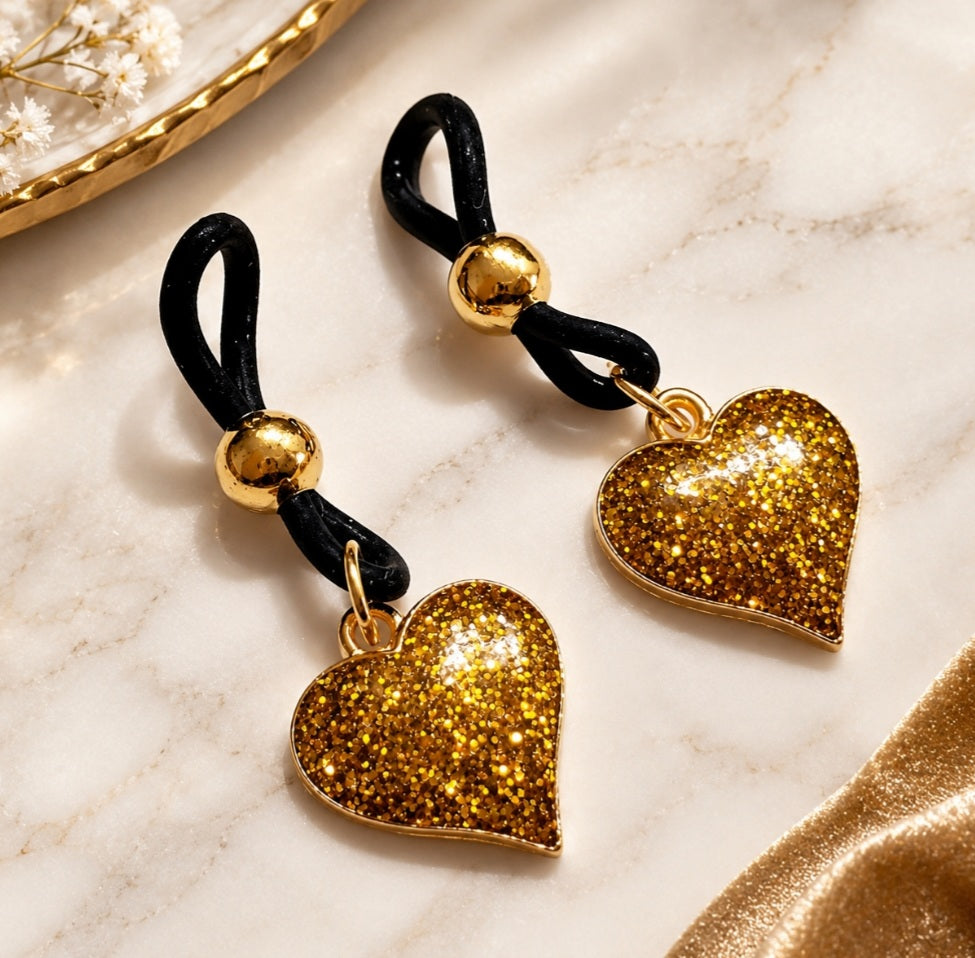 Glitter Heart Nipple Noose, Fake Nipple Rings, BDSM Nipple Jewelry