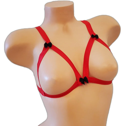 Red and Black Lingerie Bra, Cupless Chest Harness for Women