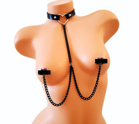 Pierced Necklace To Nipples Choker Collar Nipple Chain, Cat Barbell Nipple Ring Body BDSM Chain Lingerie Jewelry