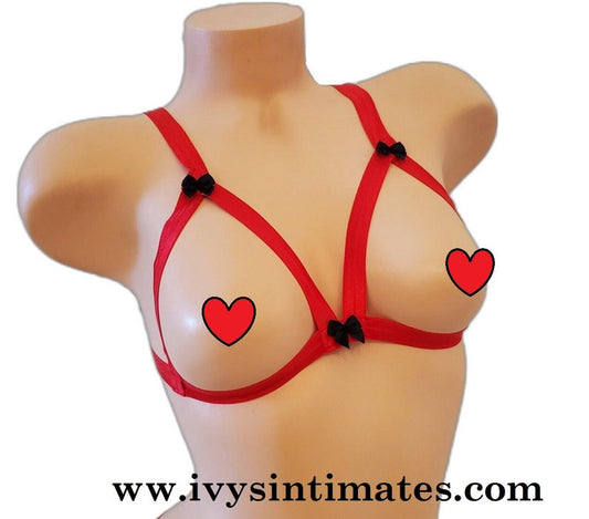 Red and Black Lingerie Bra, Cupless Chest Harness for Women