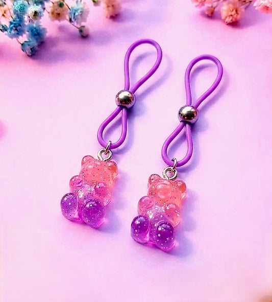 Glitter Gummy Bear Nipple Noose, Non-Pierced Fake Nipple Rings BDSM Lingerie Jewelry