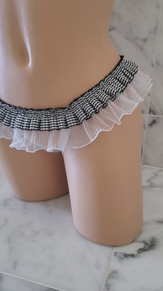 Gingham Crotchless Thong Panties, Ruffle Open Crotch BDSM Lingerie for Women