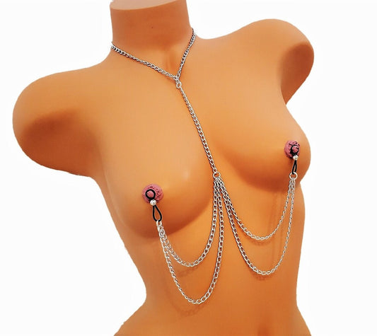 Deluxe Nipple Chain Lingerie, Non-Pierced Nipple Necklace, BDSM Fake Nipple Jewelry