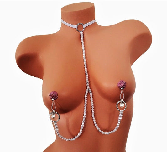 Pearl Necklace to Nipples Jewelry, Non-Pierced/Fake Nipple Body Chain