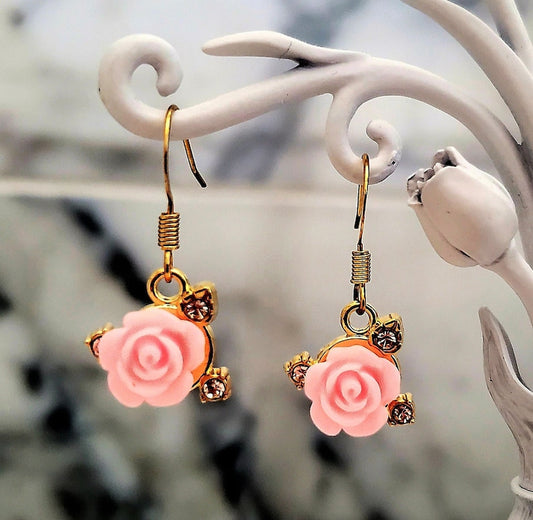 Pink and Gold Rose Dangle Drop Fishhook Earrings