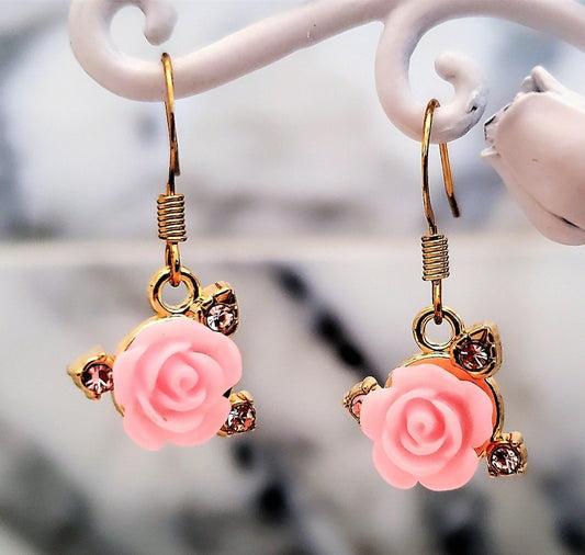 Pink and Gold Rose Dangle Drop Fishhook Earrings