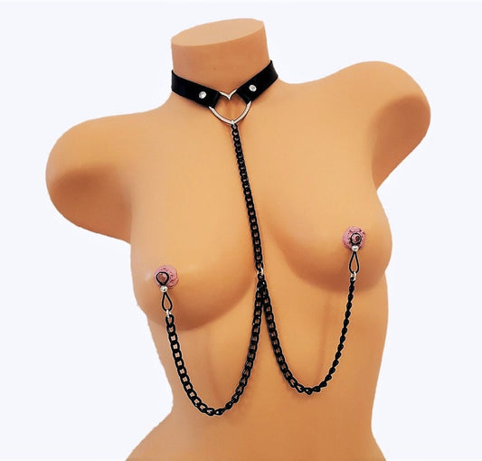 PU Leather Collar Necklace To Nipples Choker, Non-Piercing Nipple Chain