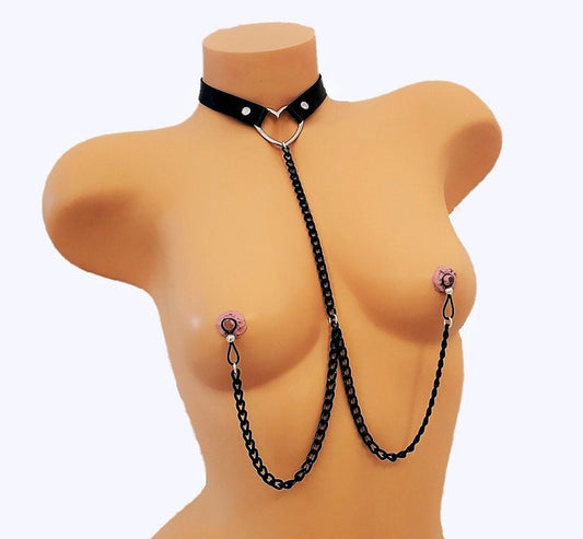 PU Leather Collar Necklace To Nipples Choker, Non-Piercing Nipple Chain