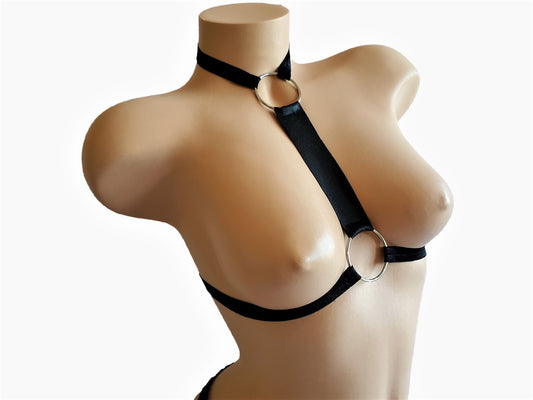 O Ring Chest Harness, BDSM Harness Lingerie, Faux Leather Bra
