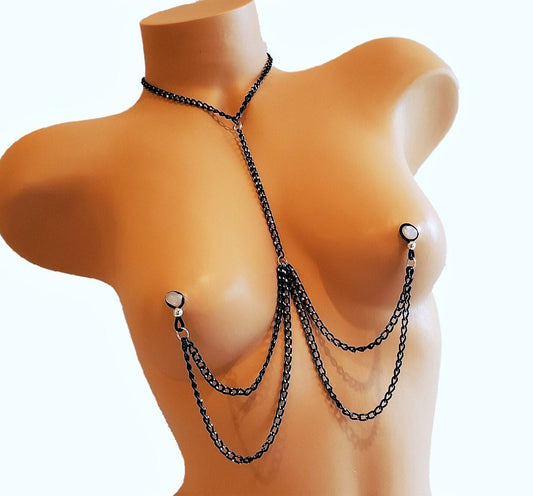 Deluxe Nipple Chain Lingerie, Non-Pierced Nipple Necklace, BDSM Fake Nipple Jewelry