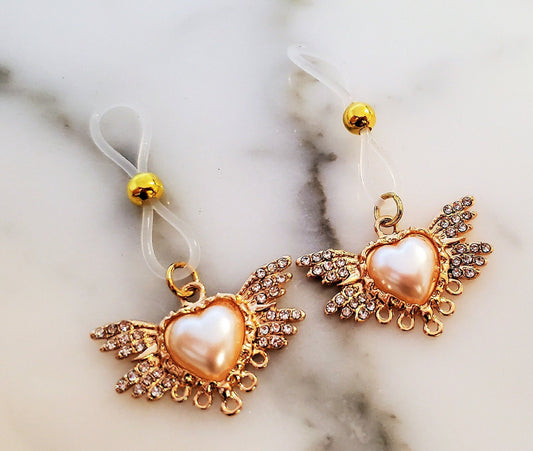Non-Pierced Nipple Noose, Fake Pearl Heart Angel Wing Nipple Rings
