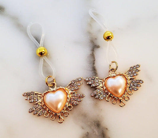 Non-Pierced Nipple Noose, Fake Pearl Heart Angel Wing Nipple Rings