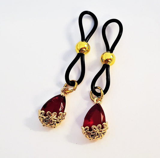 Red Crystal Non-Pierced Nipple Noose, Fake Nipple Ring Jewelry