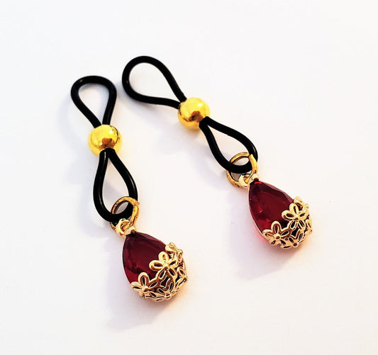 Red Crystal Non-Pierced Nipple Noose, Fake Nipple Ring Jewelry